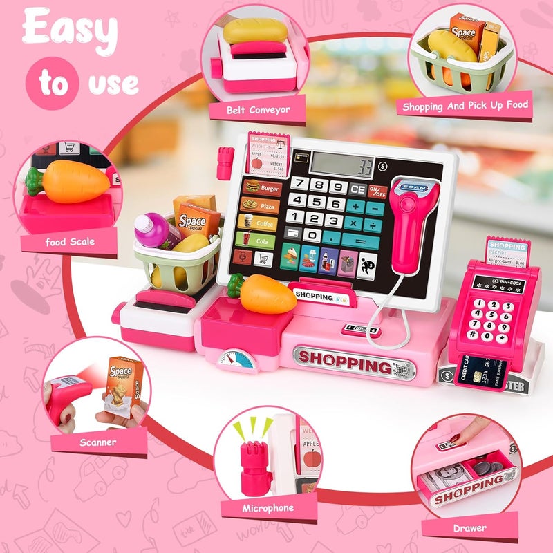 maysida Store Kids Cash Register Toy Playset, Toddler Prentend Play Store with Real Calculator Cash Register with Scanner/Credit Card/Play Money/Food, Learning Toys for Boys Girls Toddlers(Pink) - Image 3